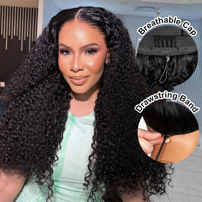 【3 IN 1 HALF WIG】Allove Invisible Hairline with Drawstring Coily Curly Half Wig Burmese Kinky Curly For Black Women - AlloveHair