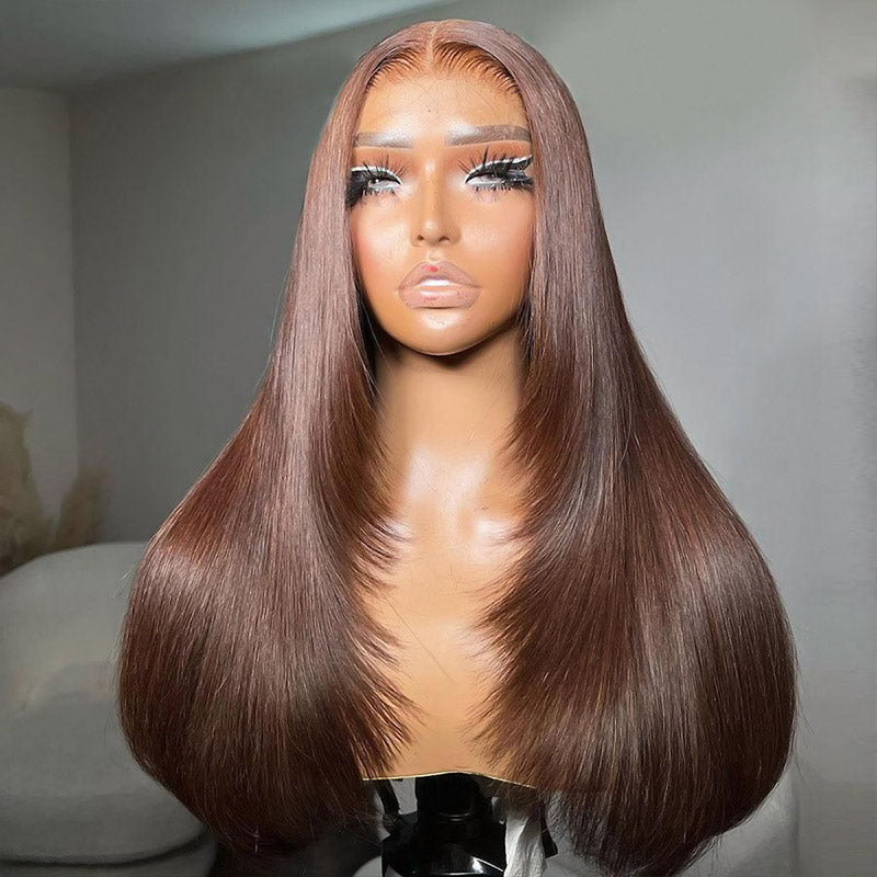 #4 Chocolate Brown Layered Cut Straight Wigs 13x4/5x5 HD Lace Front Human Hair Wigs - AlloveHair