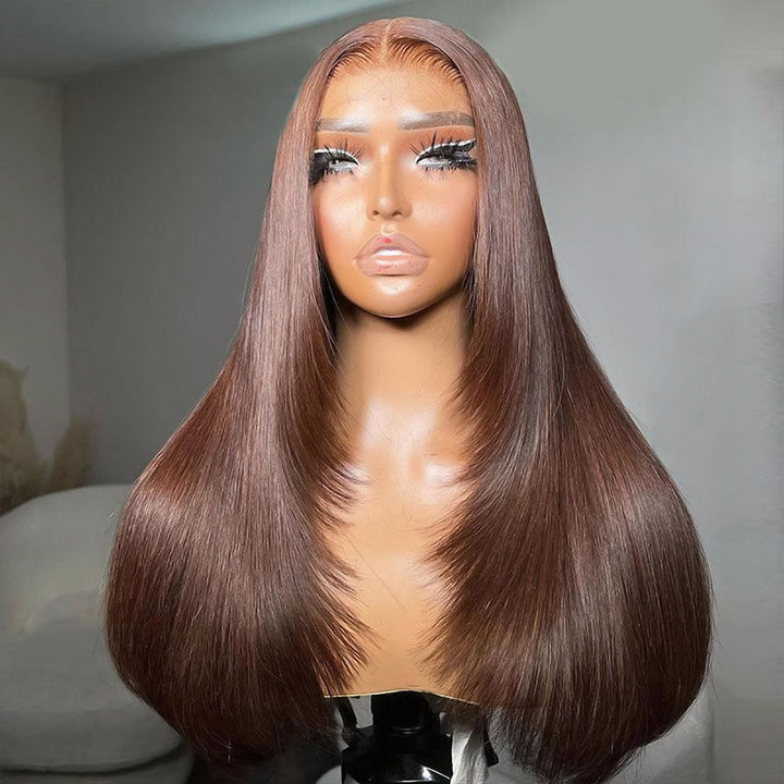 #4 Chocolate Brown Layered Cut Straight Wigs 13x4/5x5 HD Lace Front Human Hair Wigs - AlloveHair