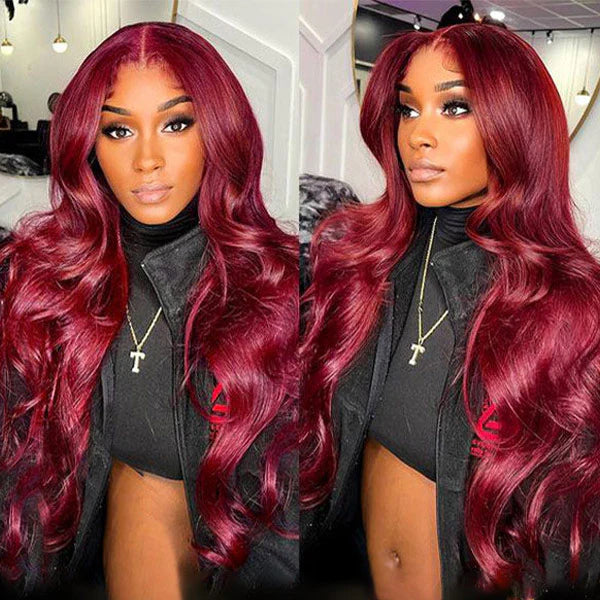 30 Inch Glueless 13x6 HD Lace Front Wig Burgundy 99J Body Wave Colored Human Hair Wigs - AlloveHair