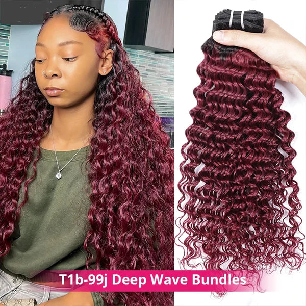 1B 99J Burgundy Colored Human Hair Bundles 28 Inch Brazilian Deep Wave Hair Weave - AlloveHair