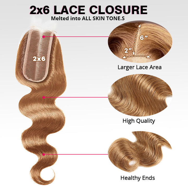 #27 Honey Blonde Bundles with 2x6 HD Lace Closure Colored Body Wave Human Hair 3 Bundles with Lace Closure - AlloveHair