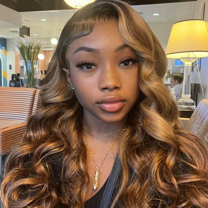 P4/27 Honey Blonde Highlight Wigs Virgin Body Wave Human Hair 5x5 HD Lace Front Glueless Wigs - AlloveHair
