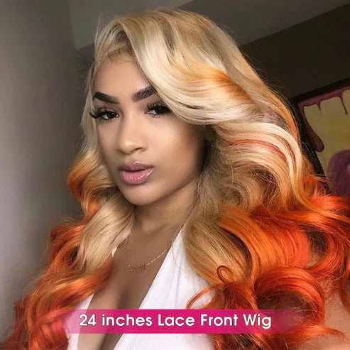 32 Inch Long Blonde Ginger Ombre Color Body Wave Human Hair Wig Pre-plucked 13x4 Transparent Lace Front Wig - AlloveHair