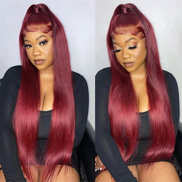 Allove Snug Fit 99J Burgundy Invisi-Pull String 360 Full Lace Frontal Wig 250% Density Straight Hair/Body Wave Pre Everything Glueless Wigs - AlloveHair
