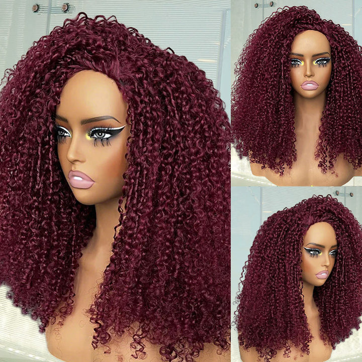 Allove 99J Burgundy Pre-Styled Kinky Curly Half Wig. This 3-in-1 design features an InvisiFit strap and layered curls for a natural, secure fit.