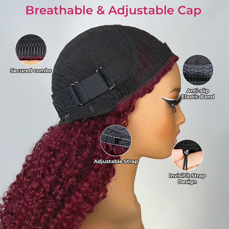 Allove 99J Burgundy Pre-Styled Kinky Curly Half Wig. This 3-in-1 design features an InvisiFit strap and layered curls for a natural, secure fit.