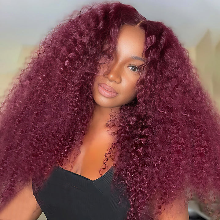 Allove 99J Burgundy Pre-Styled Kinky Curly Half Wig. This 3-in-1 design features an InvisiFit strap and layered curls for a natural, secure fit.