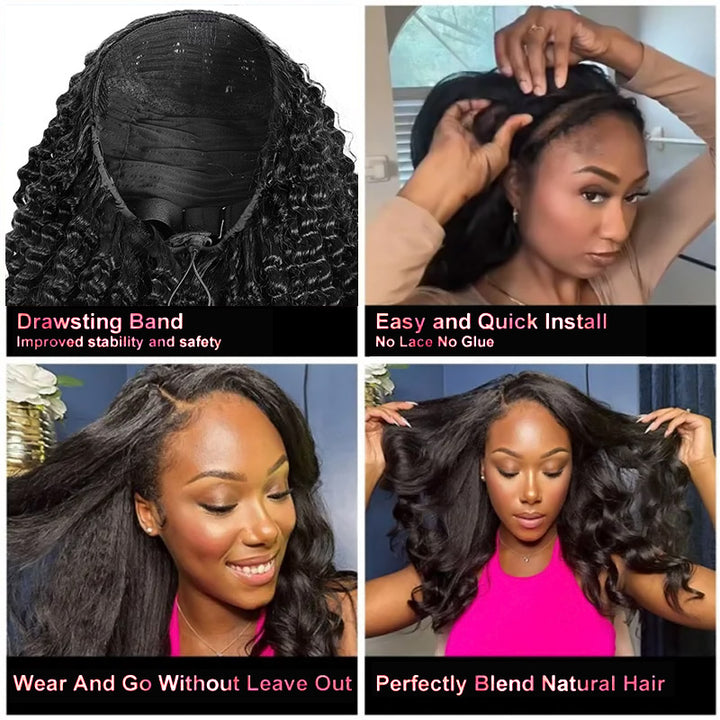 【3 IN 1 HALF WIG】Allove Invisible Hairline with Drawstring Coily Curly Half Wig Burmese Kinky Curly For Black Women - AlloveHair