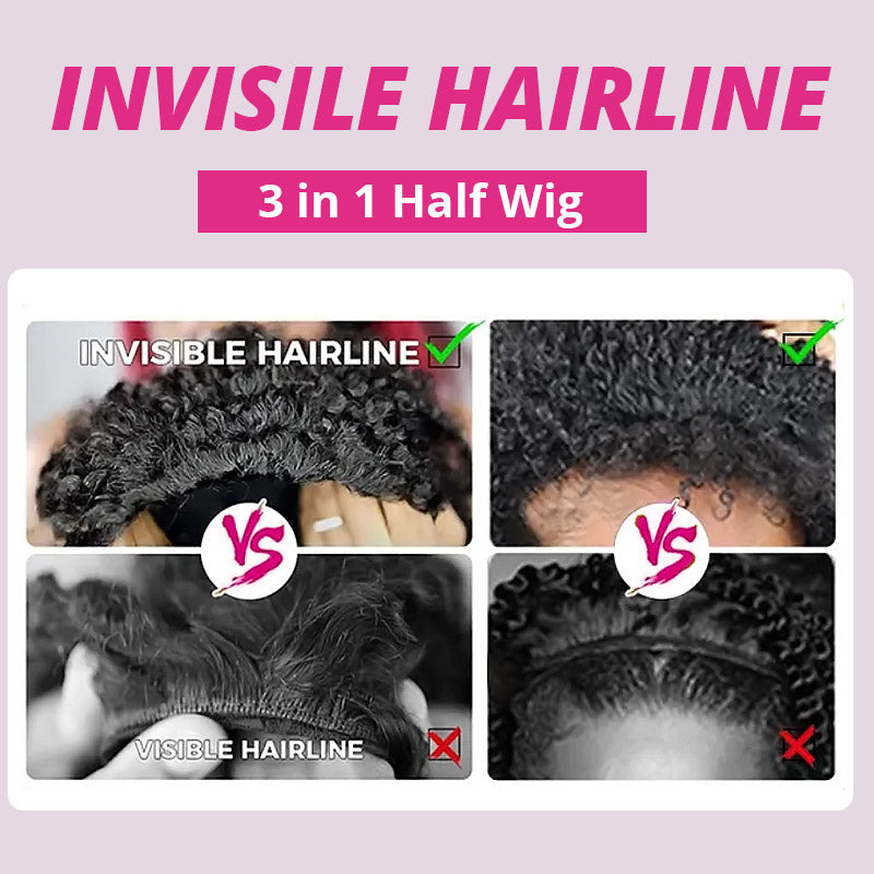 【3 IN 1 HALF WIG】Allove Invisible Hairline with Drawstring Coily Curly Half Wig Burmese Kinky Curly For Black Women - AlloveHair