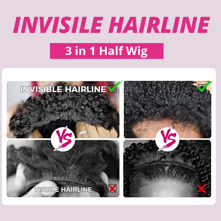 【3 IN 1 HALF WIG】Allove Invisible Hairline with Drawstring Coily Curly Half Wig Burmese Kinky Curly For Black Women - AlloveHair
