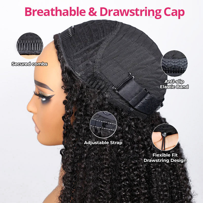 【3 IN 1 HALF WIG】Allove Invisible Hairline with Drawstring Coily Curly Half Wig Burmese Kinky Curly For Black Women - AlloveHair