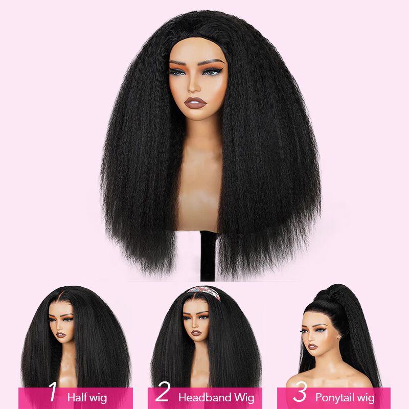 【3 IN 1 HALF WIG】Allove Kinky Straight For Black Women Clip In Protective Styles Human Hair Wig with Drawstring Band Glueless Wig Invisible Hairline - AlloveHair