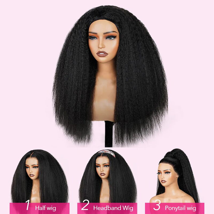 【3 IN 1 HALF WIG】Allove Kinky Straight For Black Women Clip In Protective Styles Human Hair Wig with Drawstring Band Glueless Wig Invisible Hairline - AlloveHair