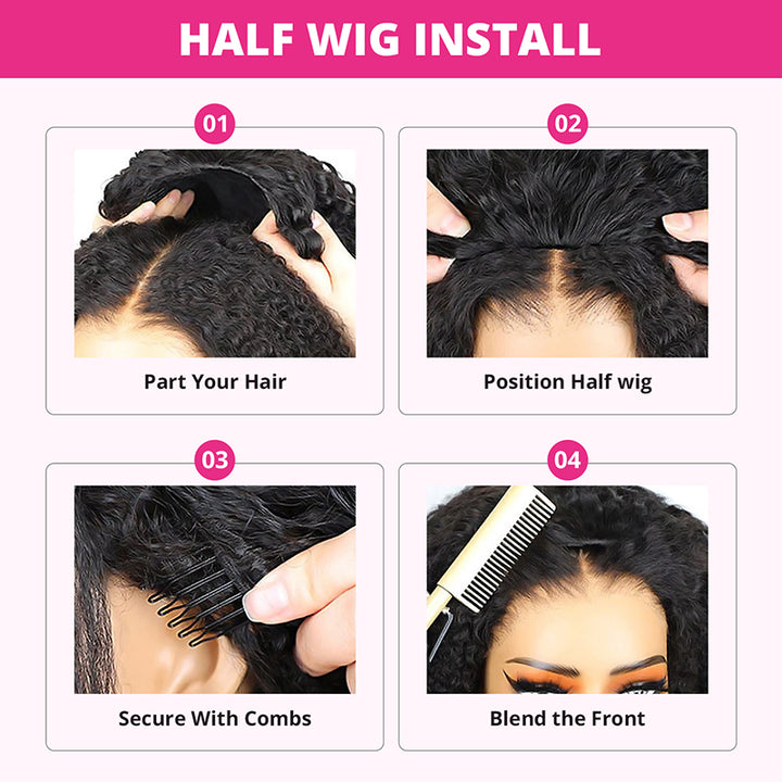 【3 IN 1 HALF WIG】Allove Kinky Straight For Black Women Clip In Protective Styles Human Hair Wig with Drawstring Band Glueless Wig Invisible Hairline - AlloveHair