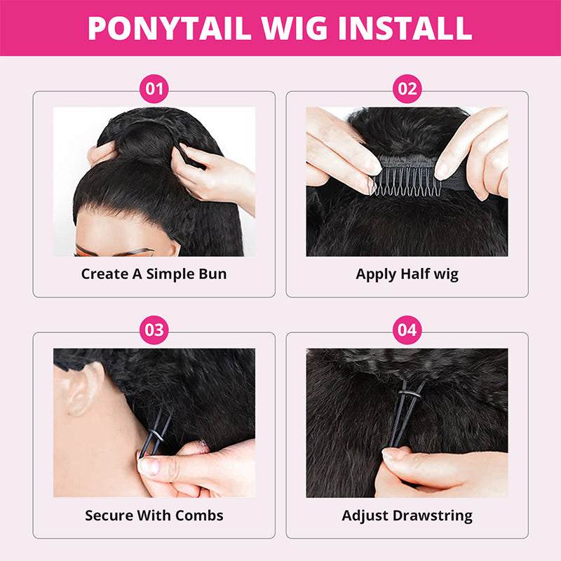 【3 IN 1 HALF WIG】Allove Kinky Straight For Black Women Clip In Protective Styles Human Hair Wig with Drawstring Band Glueless Wig Invisible Hairline - AlloveHair