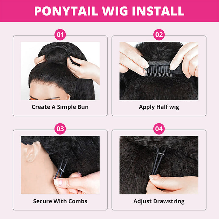 【3 IN 1 HALF WIG】Allove Kinky Straight For Black Women Clip In Protective Styles Human Hair Wig with Drawstring Band Glueless Wig Invisible Hairline - AlloveHair