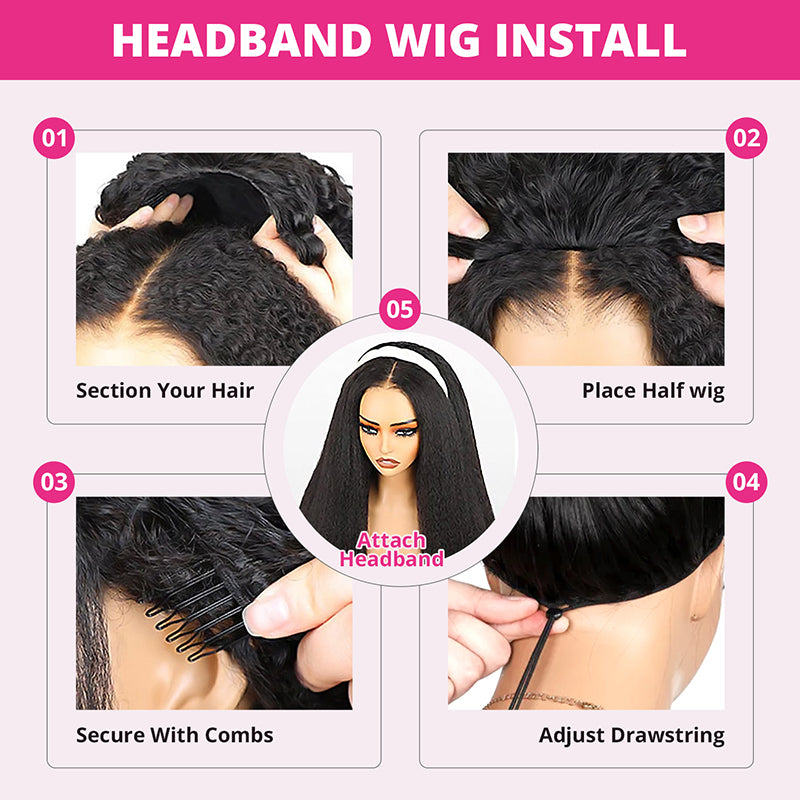 【3 IN 1 HALF WIG】Allove Kinky Straight For Black Women Clip In Protective Styles Human Hair Wig with Drawstring Band Glueless Wig Invisible Hairline - AlloveHair