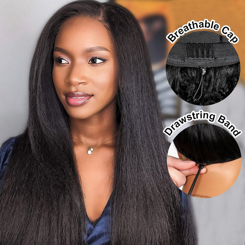 【3 IN 1 HALF WIG】Allove Kinky Straight For Black Women Clip In Protective Styles Human Hair Wig with Drawstring Band Glueless Wig Invisible Hairline - AlloveHair