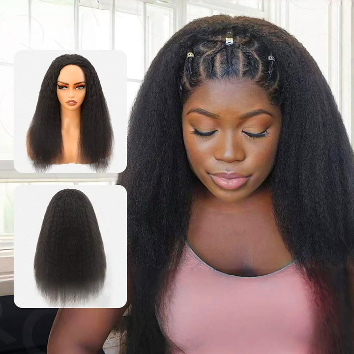 【3 IN 1 HALF WIG】Allove Kinky Straight For Black Women Clip In Protective Styles Human Hair Wig with Drawstring Band Glueless Wig Invisible Hairline - AlloveHair