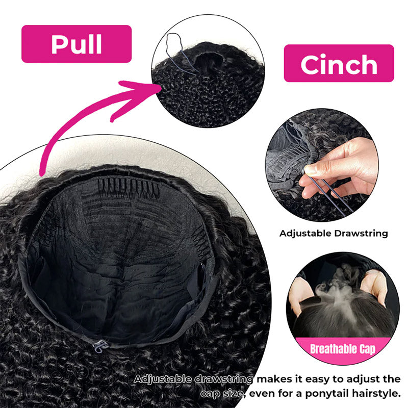 【3 IN 1 HALF WIG】Highlight Color Invisible Hairline Half Wig Kinky Curly For Black Women Clip In Protective Styles with Drawstring Band - AlloveHair