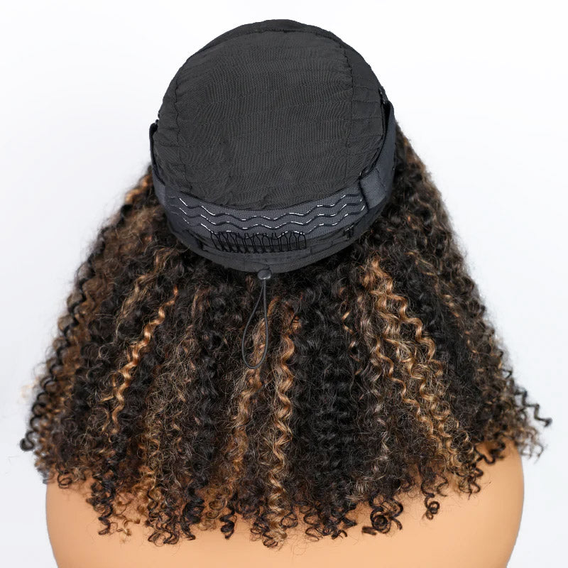 【3 IN 1 HALF WIG】Highlight Color Invisible Hairline Half Wig Kinky Curly For Black Women Clip In Protective Styles with Drawstring Band - AlloveHair