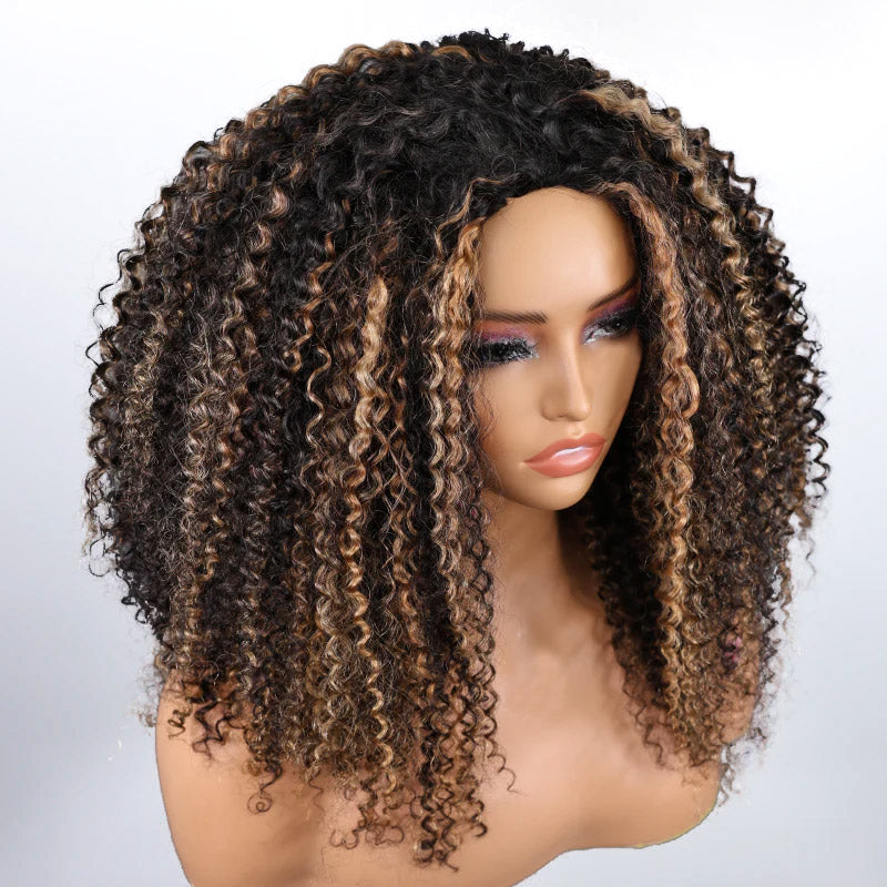 【3 IN 1 HALF WIG】Highlight Color Invisible Hairline Half Wig Kinky Curly For Black Women Clip In Protective Styles with Drawstring Band - AlloveHair