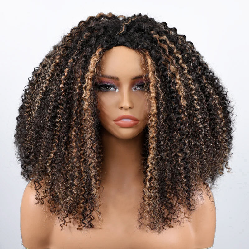 【3 IN 1 HALF WIG】Highlight Color Invisible Hairline Half Wig Kinky Curly For Black Women Clip In Protective Styles with Drawstring Band - AlloveHair
