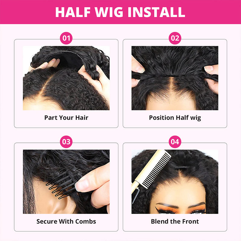 【3 IN 1 HALF WIG】Highlight Color Invisible Hairline Half Wig Kinky Curly For Black Women Clip In Protective Styles with Drawstring Band - AlloveHair