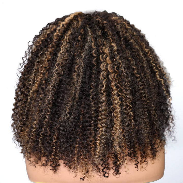 【3 IN 1 HALF WIG】Highlight Color Invisible Hairline Half Wig Kinky Curly For Black Women Clip In Protective Styles with Drawstring Band - AlloveHair