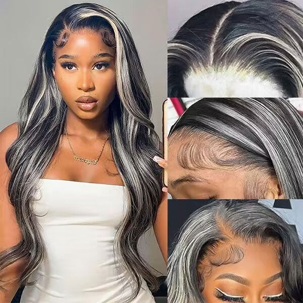 Grey Highlight With Black Color Body Wave 13x4 HD Lace Front Human Hair Wigs