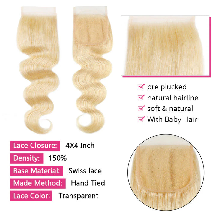 Allove 613 Blonde Body wave Hair 3 Bundles with 4*4 Lace Closure - AlloveHair