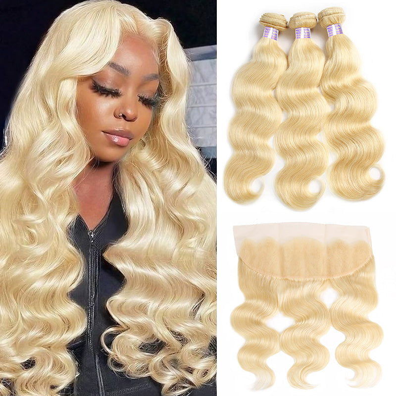 613 Blonde Color Brazilian Body Wave 3 Bundles with HD 13*4 Lace Frontal Human Hair Extension - AlloveHair
