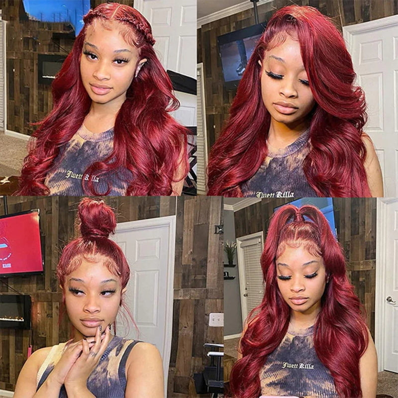 Allove Snug Fit 99J Burgundy Invisi-Pull String 360 Full Lace Frontal Wig 250% Density Straight Hair/Body Wave Pre Everything Glueless Wigs - AlloveHair