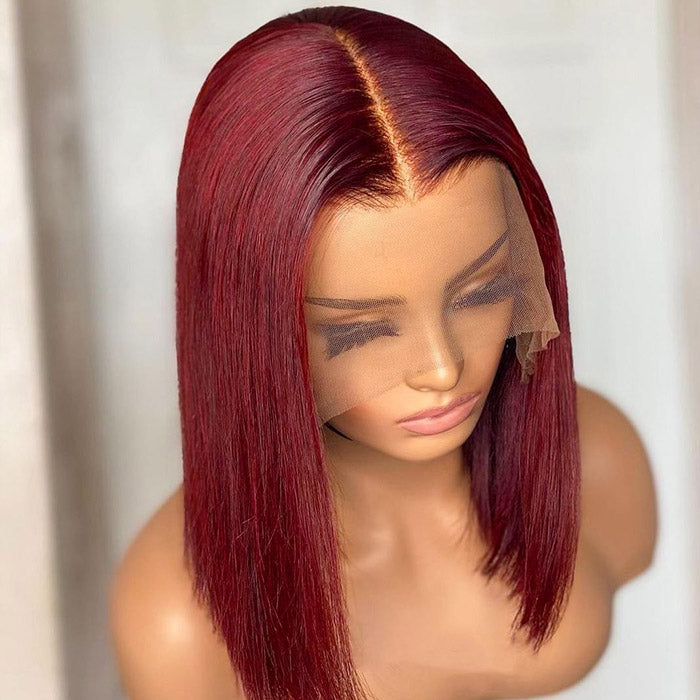 Allove Hair 99J # Color Lace Part Straight Short Bob Human Hair Wig 150% Density