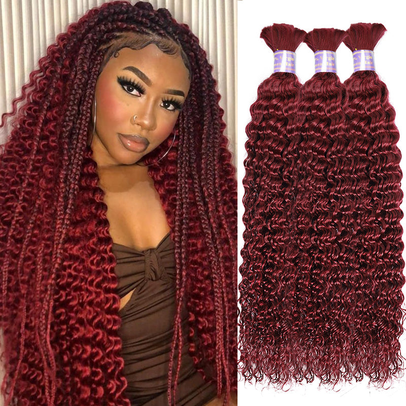 Allove Hair #99j Burgundy Deep Wave Bulk Human Hair For Braiding No Weft Boho Braids Hair Extensions - AlloveHair