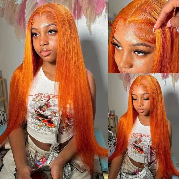 Ginger Color Glueless HD 13x4 Lace Frontal Wigs Brazilian Straight Human Hair Wigs 180% Density