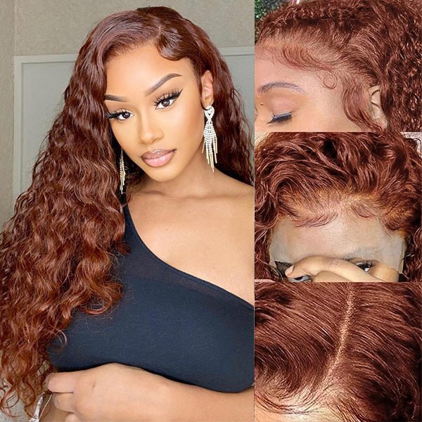 Allove Reddish Brown 33# Color Human Hair Water Wave 13x4 Lace Front Wigs Pre-Plucked Colored Wigs