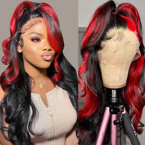 Allove Highlight 1B Red Body Wave 13x4 Lace Front Wig Pre Plucked Colored Wigs For Women 180% Density - AlloveHair