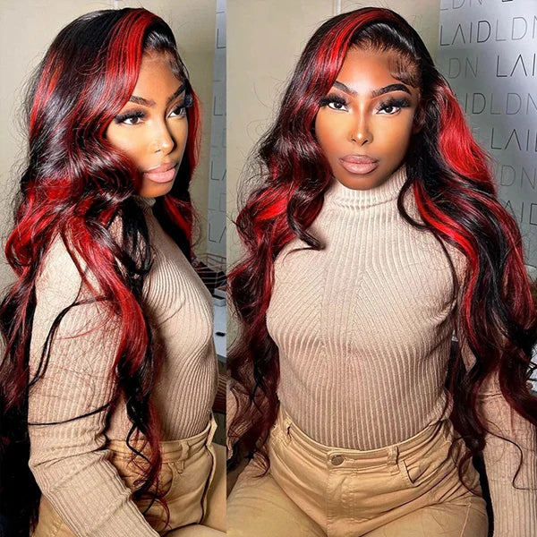 Allove Highlight 1B Red Body Wave 13x4 Lace Front Wig Pre Plucked Colored Wigs For Women 180% Density - AlloveHair