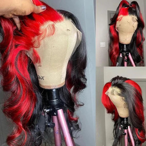 Allove Highlight 1B Red Body Wave 13x4 Lace Front Wig Pre Plucked Colored Wigs For Women 180% Density - AlloveHair