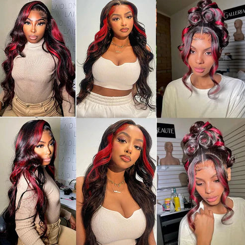 Allove Highlight 1B Red Body Wave 13x4 Lace Front Wig Pre Plucked Colored Wigs For Women 180% Density - AlloveHair