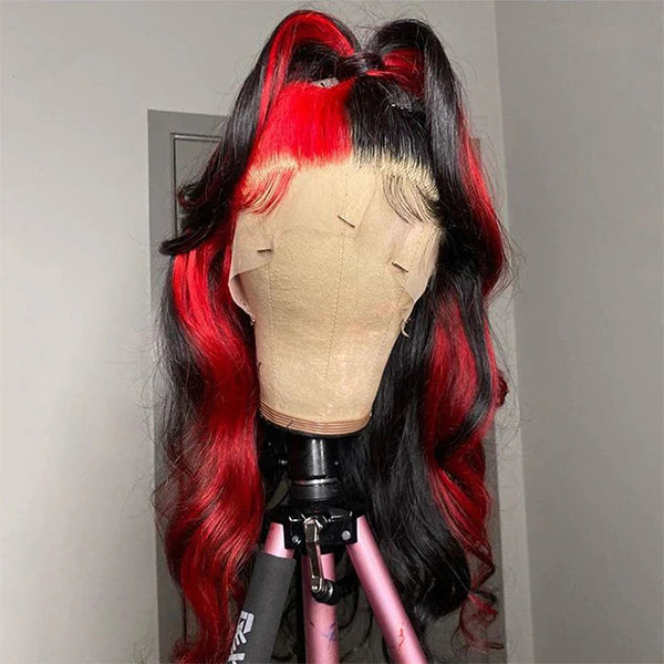 Allove Highlight 1B Red Body Wave 13x4 Lace Front Wig Pre Plucked Colored Wigs For Women 180% Density - AlloveHair
