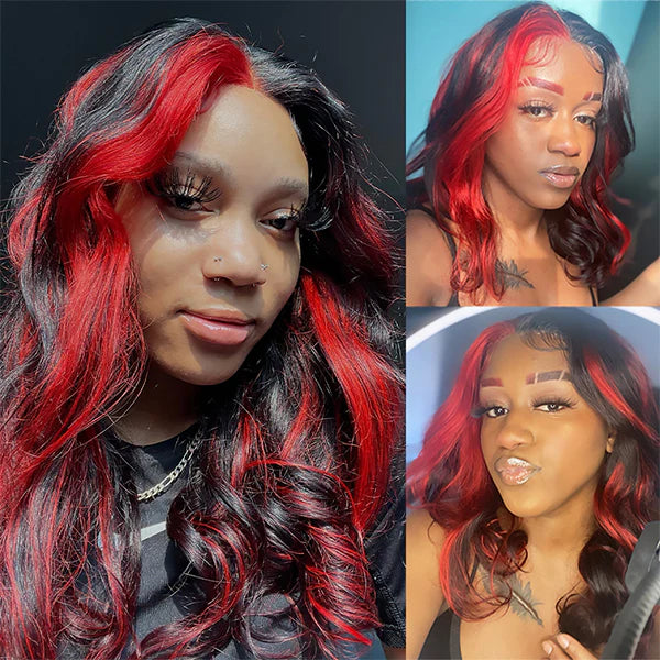 Allove Highlight 1B Red Body Wave 13x4 Lace Front Wig Pre Plucked Colored Wigs For Women 180% Density - AlloveHair
