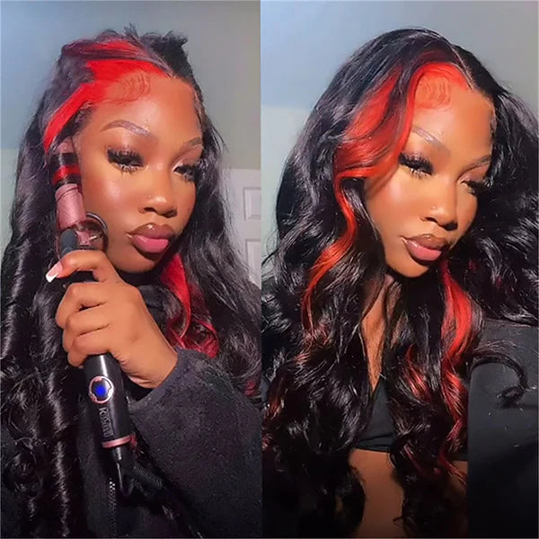 Allove Highlight 1B Red Body Wave 13x4 Lace Front Wig Pre Plucked Colored Wigs For Women 180% Density - AlloveHair