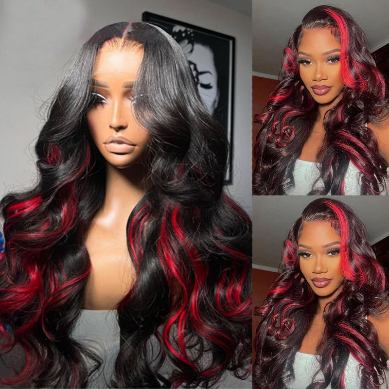 Allove Black With Red Colored Skunk Stripe 13x4 Body Wave Highlights Pre-cut Lace Frontal Wig with Pre-Plucked - AlloveHair