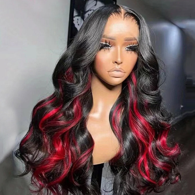 Allove Black With Red Colored Skunk Stripe 13x4 Body Wave Highlights Pre-cut Lace Frontal Wig with Pre-Plucked - AlloveHair