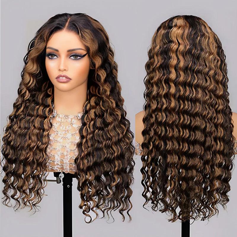 Allove Hair 1B/30 Balayage Highlight Ombre Brown Deep Wave Lace Frontal Human Hair Wigs - AlloveHair