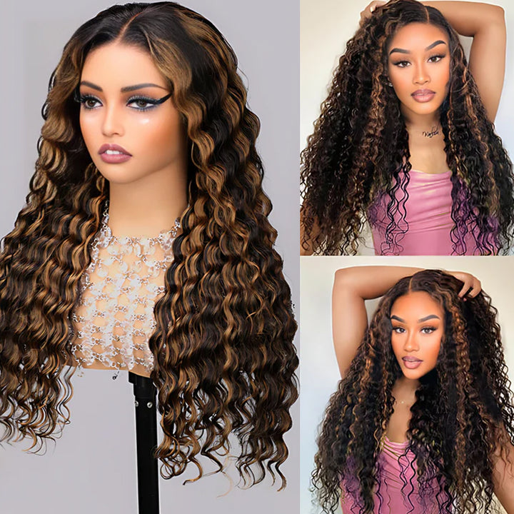 Allove Hair 1B/30 Balayage Highlight Ombre Brown Deep Wave Lace Frontal Human Hair Wigs - AlloveHair