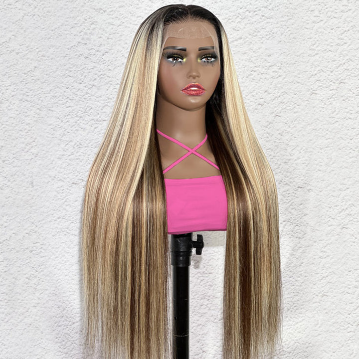 Allove Hair Ombre Brown Blonde Highlights Hair With Black Roots Body Wave/ Straight Lace Front Wigs 180% Density - AlloveHair